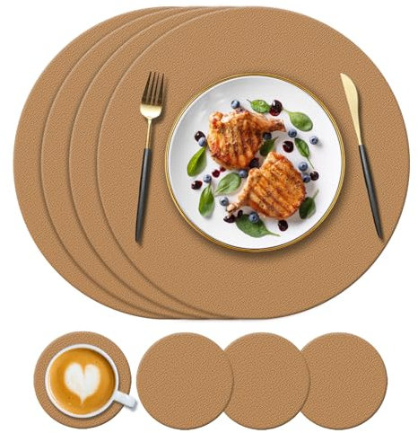 KERYCHIN Round Silicone Place Mats and Coasters Set, Heat-Resistant 450 °F, Non-Slip and Waterproof, Easy to Clean, Placemats for Kitchen Dining Table Home Restaurant, 8 Pieces, Brown