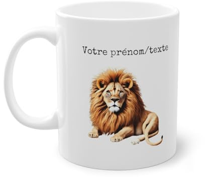 Teecustom Mug personnalisé Lion avec son prénom ou texte pour enfant et adulte animal animaux, Céramique, 325ml (11oz), Classique, Réutilisable, Passe au micro-onde, Isolée, Fabriqué en France