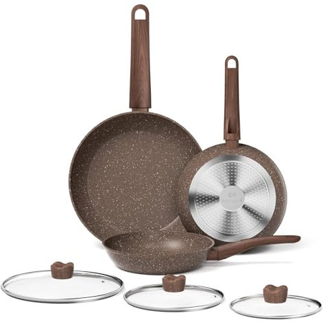 Innerwell Antihaft Bratpfanne 20/24/28cm mit Deckel, Große Pfanne Induktion, Aluminium Pfannenset mit Granit Antihaft Beschichtung, PFOA Freie (Braun)
