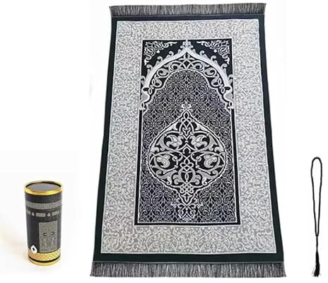 AROSDAMAD Muslimischer Gebetsteppich mit Gebetsperlen als elegantem-Geschenkbox | Sajadah | Janamaz | Islamisches Geschenk | Gebet Teppich Matte, Hajj Umrah Geschenk - Silber Schwarz