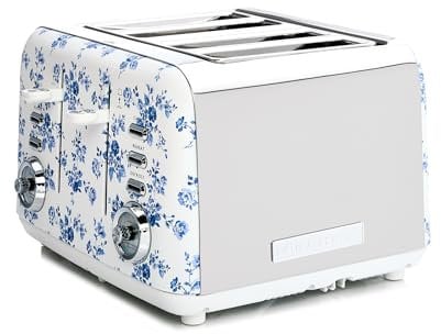 VQ Laura Ashley Grille-Pains 4 Tranches avec Modes de Chauffage, Décongélation et Réchauffage Réglables - Inox Grille Pain Vintage avec un Support de Réchauffage Pour Croissants - China Rose