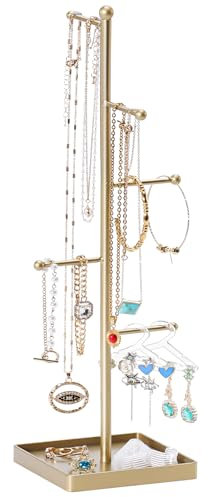 Lolalet Porta Collane Orecchini Braccialetti Organizer Gioielli, Porta Gioielli da Tavolo, Portagioie a Forma di Torre con Vassoio per Donna -Oro