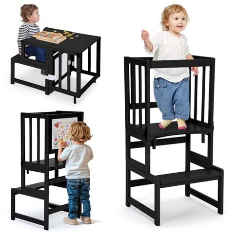 COSYLAND Convertible Toddler Standing Tower with Whiteboard – 3-In-1 Kitchen Step Stool for Kids – Children's Bathroom Kitchen Counter Helper Tower Learning Stool (Black)