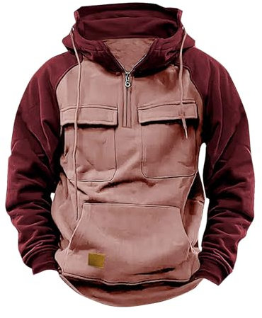 Generisch Maglione da uomo a 1/4 Zip: felpa con cappuccio cargo da lavoro con tasche multiple vintage, felpa in pile, classica, per il tempo libero, con cappuccio, per tutti i giorni, Colore: rosa.,