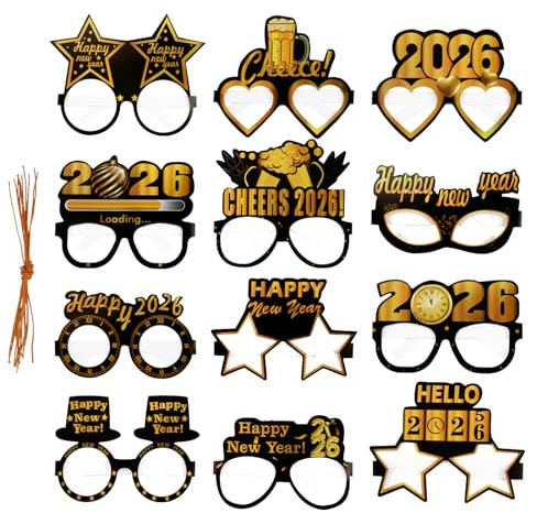 Sahunfri 12 Stück Neujahrsbrillen 2026, Partybrillen aus Silberkarton in 12 Designs, Lustige Foto-Requisiten für Erwachsene & Kinder