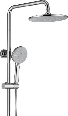 TATITZRO Regenduschkopf und Schlauchset, runder Duschkopf, Einzelgriff, 4 Modi, Handbrause, Wandmontage, Überkopf-Regenduschen-Set, Chrom