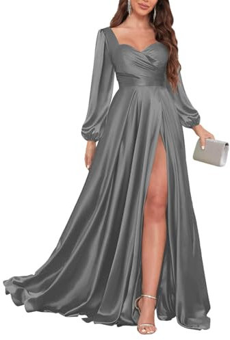 KURFACE Satin Grey Bridesmaid Dresses Long Sleeve for Women with Slit Pleated A Line Formal Evening Party Gown UK18