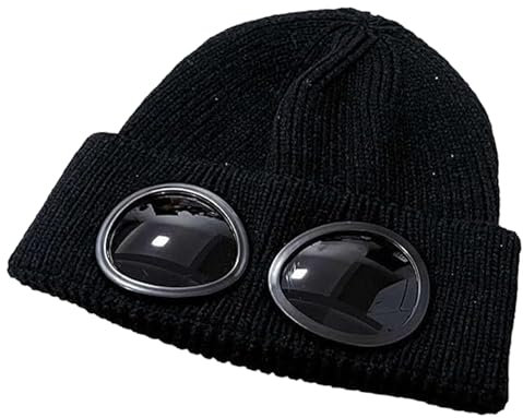 Unisex Solid Color Goggle Lens Design Beanie Hat, Knitted Warm Hat, Beanie Winter Hat with Goggles (Black,Free Size)