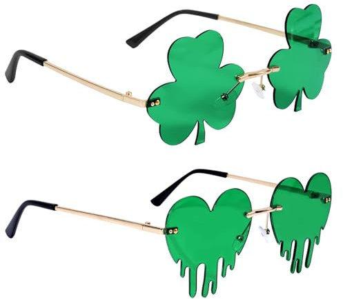 Gosknor 2 Paar Sonnenbrillen zum St. Patrick's Day, Grüne Kleeblatt-Brille und Brille mit Schmelzendem Herz Irische Sonnenbrille Kobold-Brille Kostümzubehör für Die St. Patrick's Day-Party