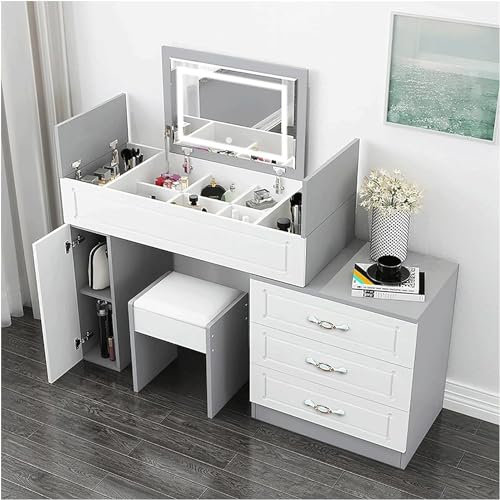 Aioneer Frisiertisch, MDF Frisiertisch, Frisiertisch Set Mit Led Klappspiegel, Gepolsterter Hocker, Schreibtisch, Frisierkommode