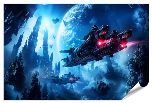 islandburner XXL Bild Poster Raumschiffe über einer futuristischen Stadt im Weltraum für Wohnzimmer Science-Fiction-Fans Büro Premium Bilder Fotodruck