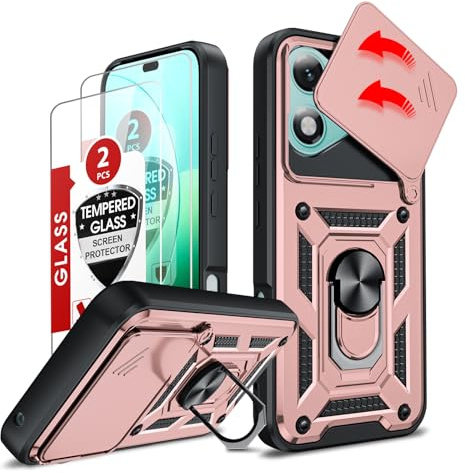 LeYi for Honor 400 Lite 5G Phone Case, Rose Gold | with Camera Cover Slider |2 Tempered Glass Screen Protectors, Ring Stand Holder, Rugged Protective Tough Armor Cover