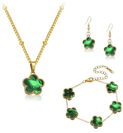 Gkaopi Vierblättriges Kleeblatt Schmuckset für Damen und Mädchen 18K Überzug Edelstahl Zweiseitig VierbläTtriges Anhänger Halskette Ohrringe Armband Hypoallergenes Glücksklee Emaille Schmuck Set