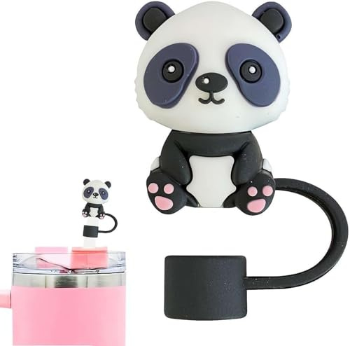 Cute Panda Straw Covers Cap for Stanley,Animal Silicone Topper,Splash Proof Topper,Reusable Straw Cap,10mm Drinking Tip Covers for Stanley for Straws Diameter of 6-10mm