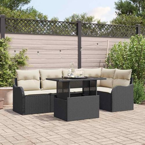Yunovire Essgruppe mit Kissen 6-teilig Schwarz Poly Rattan, Modulares Outdoor Terrassenmöbel Set für 6 Personen, Verstellbare Füße, Gartenessbereich