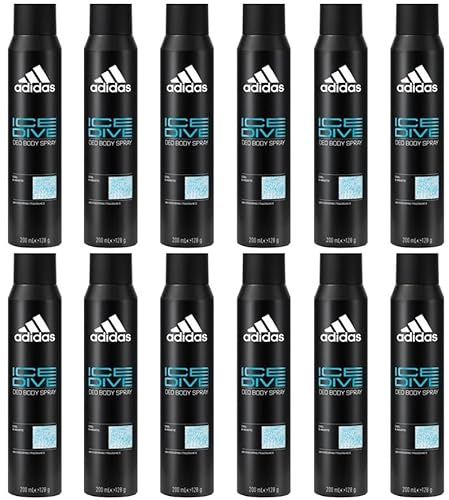 12x adidas Ice Dive Deodorant Deo Spray Aromatisch & Zitrisch 48H Maximaler Trockenschutz mit 48 Stunden Schutz gegen starkes Schwitzen und Körpergeruch,200ml (12er Pack)
