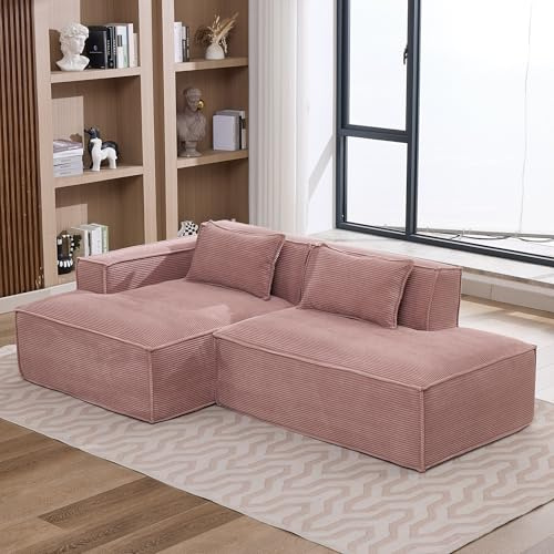 FammyLoft Modulares Boneless Couch mit Zwei Kissen, Sofa L Form, Schlafcouch, Vollkomprimiertes Ecksofa, Schlafsofa, Cloud Couch Ohne Montage, für Wohnzimmer/Schlafzimmer/Büro, 233cm, Rosa