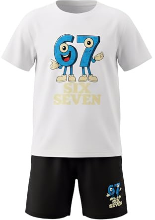 DINSAGE Ensemble 67 pour enfants (garçons et filles) - Tenue amusante inspirée du mème « 67 / Six Seven » : T-shirt + short - Ensemble d'été confortable (Blanc + Noir, 7-8 ans)
