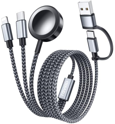 RAVIAD 3 en 2 Cargador Apple Watch para Apple Watch, USB C y Lightning 2M | Cargador Múltiple USB para iWatch Ultra/SE/11/10/9/8/7/6/5/4/3/2/1, iPhone 17/16/15/14/13/12/11, Galaxy S26/S25/S24