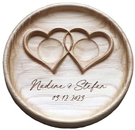Ringschale aus Holz mit gravierten Namen und Datum, Ringkissen für die Hochzeit, Ringträger für die Hochzeit Verdrehte Herzen, Twisted Hearts.