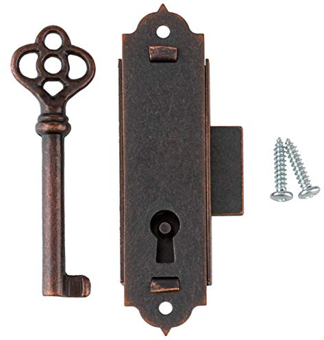 Antique Copper Narrow Flush Mount Grandfather Clock or Cabinet Door Lock with Key - Vintage Lock and Key for Furniture Doors and Drawers | UA-039-L