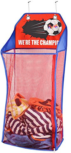 Store & Score Over The Door Hanging Kids Fun LED Soccer Light-Up Collapsible Mesh Laundry Hamper Basket, Toy Chest, Heavy Duty Metal Hooks Included. Patent Pending