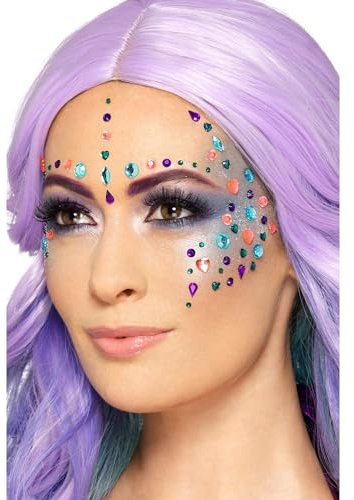 Smiffys Make-Up FX, Pastel Jewel Face Gems, Purple Sheet of 100 Assorted, Self Adhesive, Cosmetics and Disguises Fancy Dress, Adult Dress Up Cosmetics & Disguises.