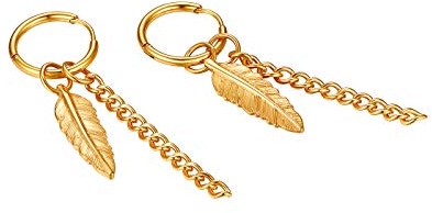JewelryWe Schmuck Creolen Ohrringe Blatt Feder Kette Anhänger Edelstahl Ohrstecker Pierced Ohrhänger für Herren Damen, Gold