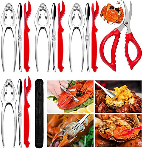 Lot de 14 crackers et outils pour fruits de mer comprenant 4 crackers à pattes de crabe, 4 couteaux à coquille de homard, 4 fourchettes, pics à crabe, 1 paire de ciseaux à fruits de mer et un sac de
