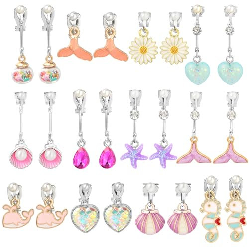 Powerking Ohrclips für Mädchen, Mädchenschmuck-Anziehohrringe und Prinzessin Play Ohrclips für Kinder, 12 Paare, Meerjungfrau