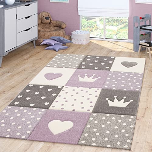 TT Home Kinderzimmer Teppich Junge Mädchen Kinderteppich Punkte Herz 3D Optik Pastell, Farbe: Lila, Größe:200x290 cm
