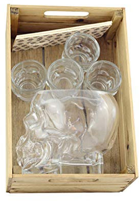 Hostelnovo - Innovador Pack Calavera : Caja en Madera + 1 Vaso Tiki de 600 ml en Forma de Calavera + 4 chupitos Calavera 50 ml + 2 Porta chupitos Estampado