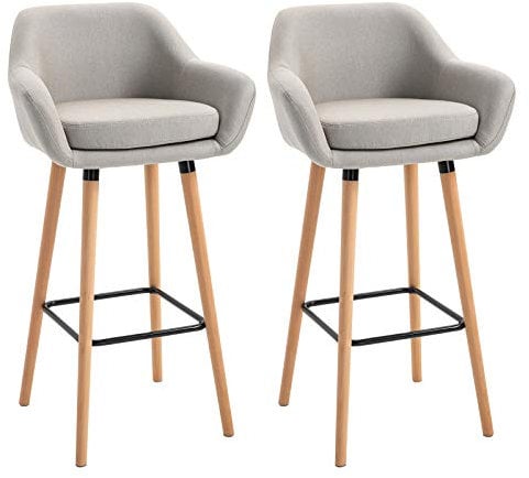 HOMCOM Set of 2 Bar Stools Modern Upholstered Seat Bar Chairs w/Metal Frame, Solid Wood Legs Living Room Dining Room Fabric Furniture - Beige