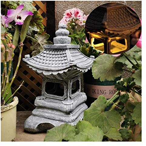 Uziqueif Linterna Japonesa Jardin,Decoración Asiática Linterna Pagoda Al Aire Libre Estatua,Estilo Japonés Solar Zen Jardín Luces Linterna Pagoda Luz Solar Jardín Lámpara Estatua