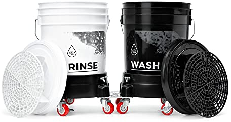 CLEANTECH CO Ensemble: 2X Seaux de Lavage 20L - Blanc & Noir avec 2X grilles pour Seau de Lavage & 2X couvercles - pour Un Lavage Professionnel de Voiture