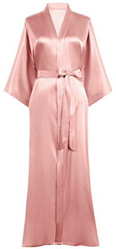 PRODESIGN Kimono Robe de Chambre Longue en Satin pour femme Peignoir Femme Satin Couleur Unie - Taille Unique (Rose clair)