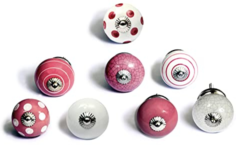 Set von 8 Keramikknöpfen in Weiß und Rosa, handbemalt mit verschiedenen Designs. Handgefertigte Griffe für Schränke, Schubladen, Kommoden und Kleiderbügel. Klassische Knöpfe mit 40 mm Durchmesser.