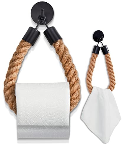 HENNEZ Toilettenpapierhalter ohne Bohren schwarz matt - KLEBEN STATT Bohren - Klorollenhalter Klopapierhalter ohne Bohren schwarz Seil - WC Rollenhalter Papier Halterung Toilettenrollenhalter Vintage