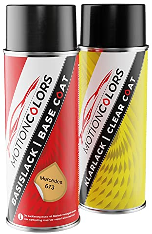 MOTIONCOLORS Saharagelb/Sahara Yellow 673 für Mercedes Autolack Sprühdosen Set Basislack Klarlack Spraydose 400ml