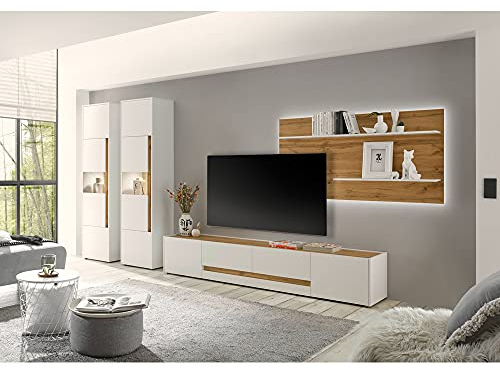 Lomadox Wohnzimmer Set mit Beleuchtung in weiß mit Absetzungen in Wotan Eiche Nb., B/H/T: ca. 400/197/45 cm
