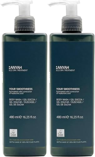 Anyah – Gel de Ducha - 2x480ml - 2 Piezas - No Recargable - Con Precursor del Ácido Hialurónico - Testado Dermatológicamente - Jabón corporal - Fabricado y Envasado en Italia