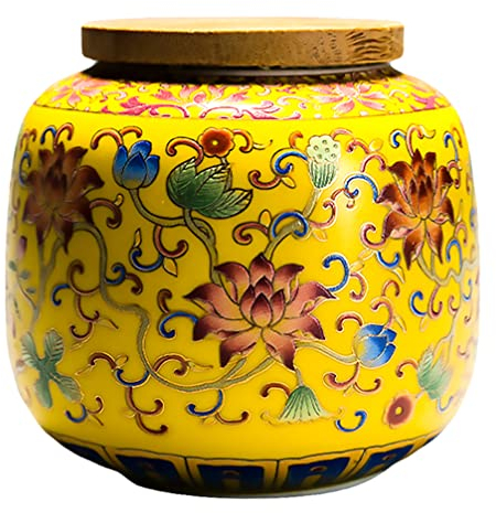 Angoily Bote de Té de Cerámica Tarro de Comida: Vintage Tea Tea con Tapa de Madera Bote de Almacenamiento Hermético para Café Spice Nut Azúcar Cereal Bean Pantry 400Ml Amarillo