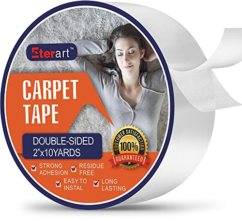 Eterart Double Sided Carpet Tape Heavy Duty for Area Rugs,Tile Hardwood Floors,Over Carpet,Rug Tape High Adhesive and Removable,Strong Sticky Tape,Indoor/Outdoor,Residue Free,2 Inches x 10 Yards,White