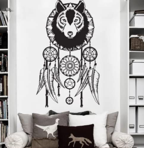 Wolf Traumfänger Wandaufkleber Wolf Kunst Wandtattoo Modernes Design Heimdekoration Abnehmbarer Traumfänger Vinyl Wandbild 42x72cm