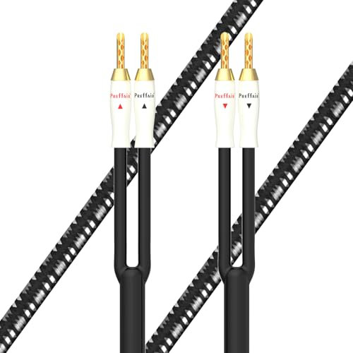 Preffair 1 Pair HiFi BFA Banana to Banana Plugs Speaker Cable, 14AWG/2mm2 OFC Copper Braided Loudspeaker Wires with 24K Gold Plated Banana Connectors for Speaker/Subwoofer/Amps (White-Black, 5 feet)