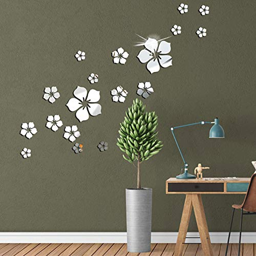 18 Stück 3D Blumen Spiegel Wandaufkleber Aufkleber für Schlafzimmer Wohnzimmer Wanddeko Silber