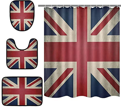 Mnsruu Lot de 4 tapis de douche rétro avec 12 crochets Motif Union Jack
