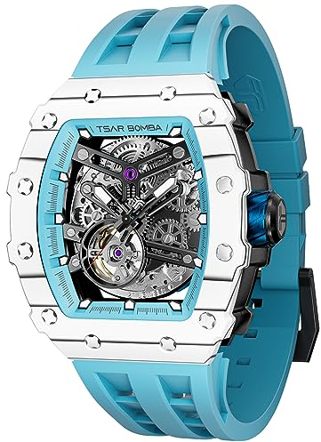 TSAR BOMBA Montre Homme Automatique Luxe Fibre Carbone - Mouvement Japonais - Verre Saphir - Étanche 50m - Ceinture Fluoroélastomère - Tonneau - Calendrier Lumineux