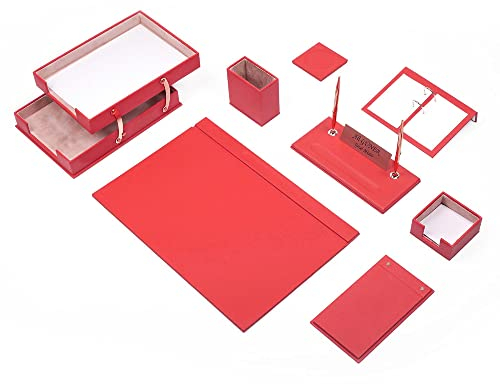 rotes Leder-Schreibtisch-Set – Schreibtischunterlage – Notizpapierhalter – Stifthalter – Lederuntersetzer – Schreibtischzubehör – Schreibtisch-Organizer – rot (10-teiliges Doppelfach)