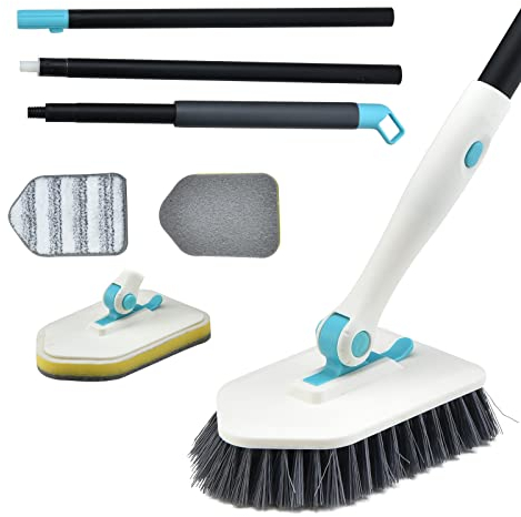 YVVV 3-in-1 Reinigungsbürste Bad, 51 (130cm) mit Verstellbarem Langem Griff Wannenbürste, 180° Drehen Schrubber Schwamm Bürste, für Badezimmerfliesen/Toilette/Wanne (Weiss)